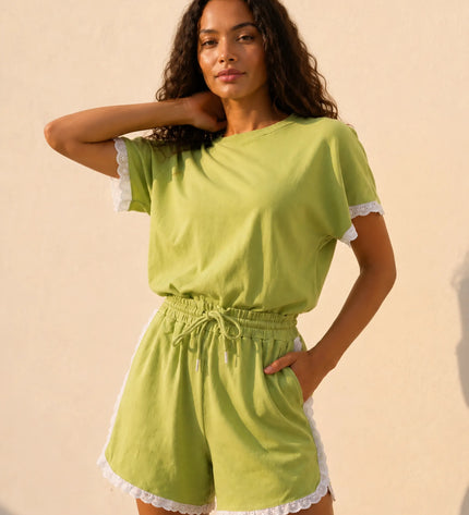 THE AMIE LACE TRIM ROMPER IN LIME