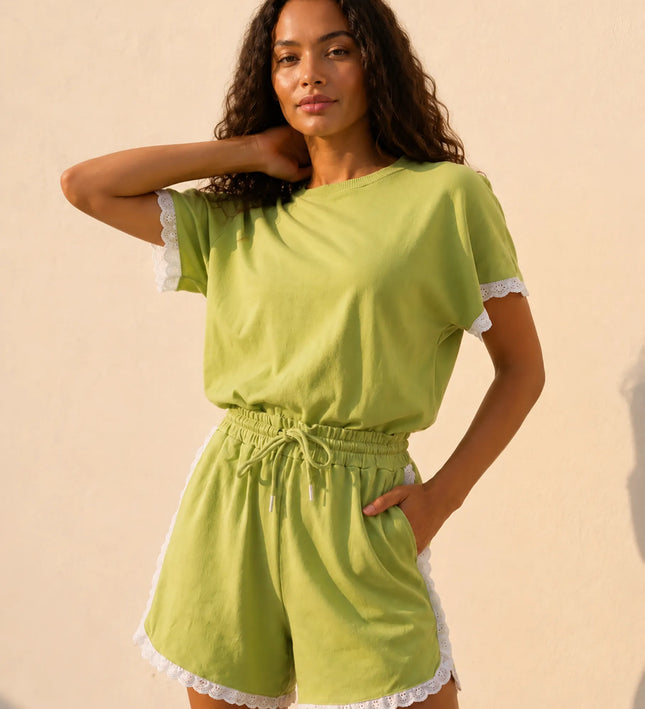 THE AMIE LACE TRIM ROMPER IN LIME