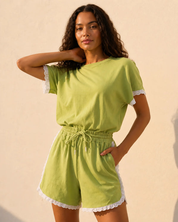 THE AMIE LACE TRIM ROMPER IN LIME