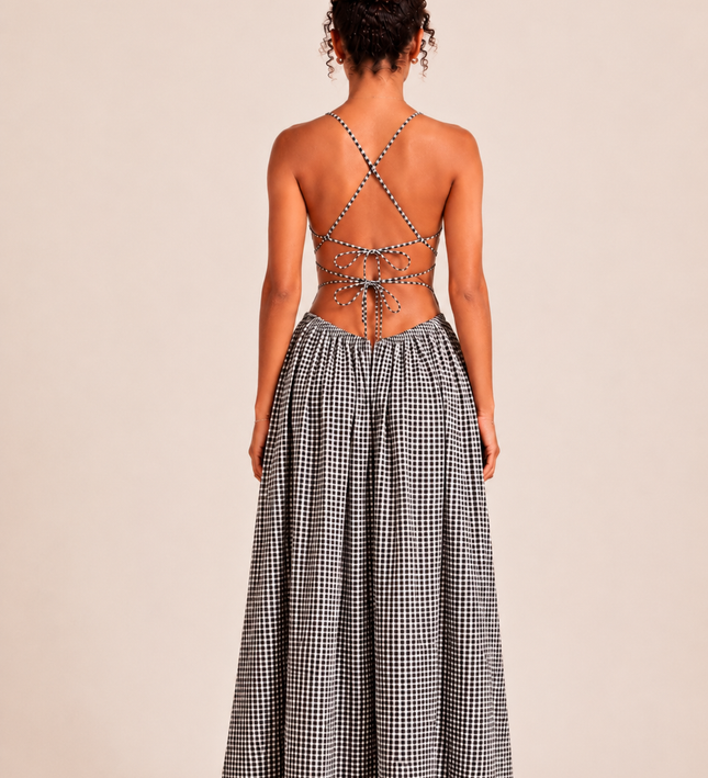 THE SERAPHINA GINGHAM MAXI DRESS IN BLACK & WHITE