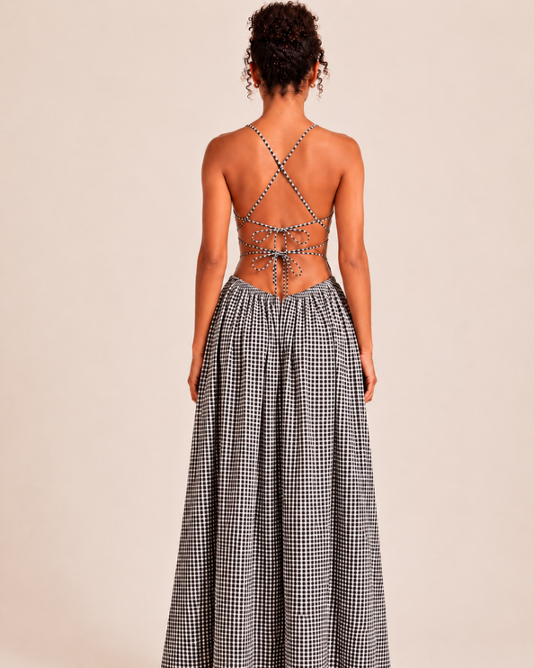 THE SERAPHINA GINGHAM MAXI DRESS IN BLACK & WHITE