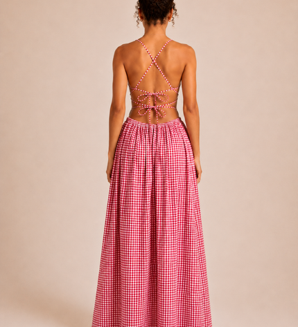 THE SERAPHINA GINGHAM MAXI DRESS IN PINK & WHITE