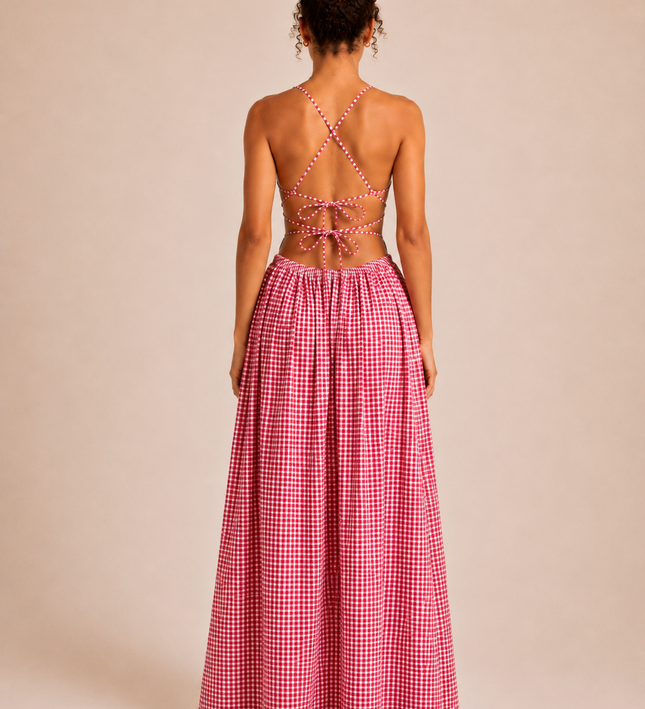 THE SERAPHINA GINGHAM MAXI DRESS IN PINK & WHITE