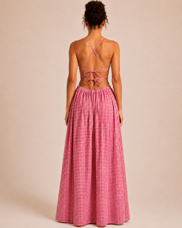 THE SERAPHINA GINGHAM MAXI DRESS IN PINK & WHITE