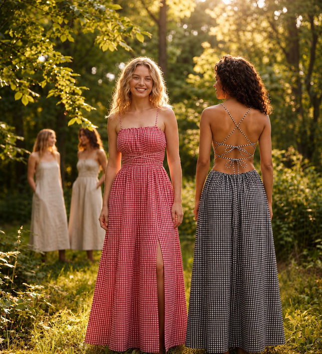 THE SERAPHINA GINGHAM MAXI DRESS IN PINK & WHITE