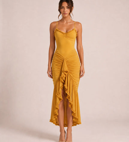 THE VALENZA RUCHED MESH MIDI DRESS IN GOLDEN MARIGOLD