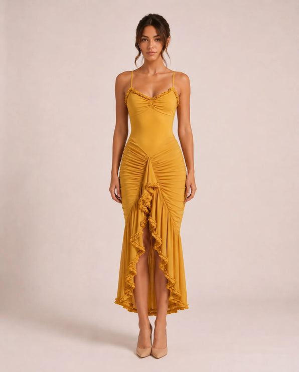THE VALENZA RUCHED MESH MIDI DRESS IN GOLDEN MARIGOLD