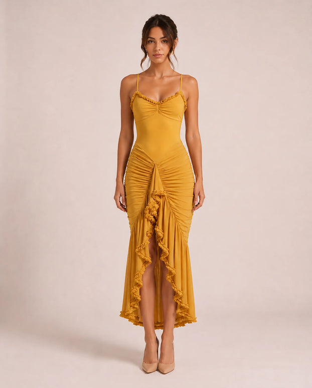 THE VALENZA RUCHED MESH MIDI DRESS IN GOLDEN MARIGOLD