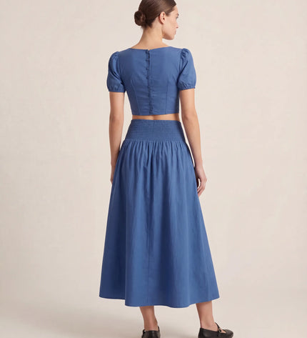 THE NOVA SHIRRED WAIST MAXI SKIRT IN BLUE