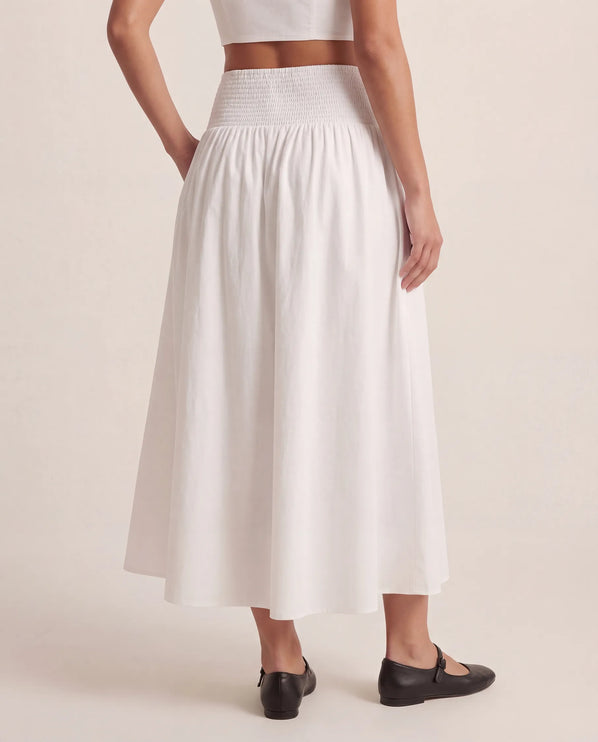 THE NOVA SHIRRED WAIST MAXI SKIRT IN WHITE