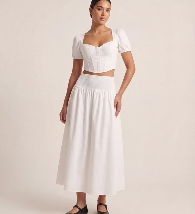 THE NOVA SHIRRED WAIST MAXI SKIRT IN WHITE