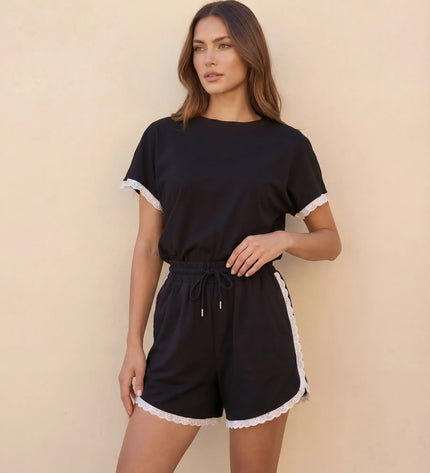 THE AMIE LACE TRIM ROMPER IN BLACK