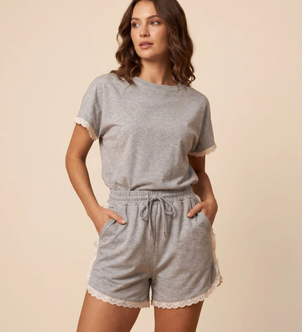 THE AMIE LACE TRIM ROMPER IN GREY