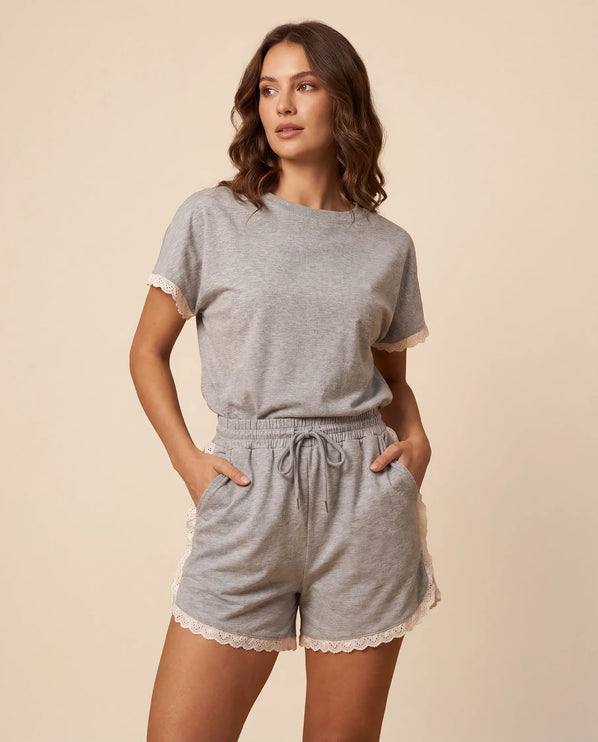 THE AMIE LACE TRIM ROMPER IN GREY