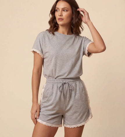 THE AMIE LACE TRIM ROMPER IN GREY