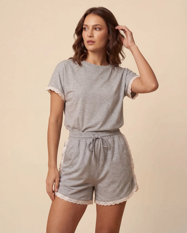 THE AMIE LACE TRIM ROMPER IN GREY