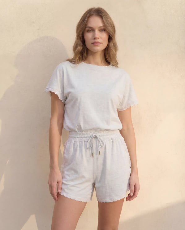 THE AMIE LACE TRIM ROMPER IN LIGHT GREY