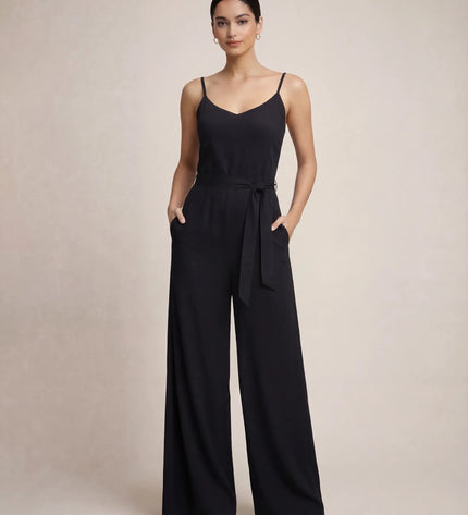 THE NALA TIE BELT WIDE LEG JUMPSUIT IN BLACK