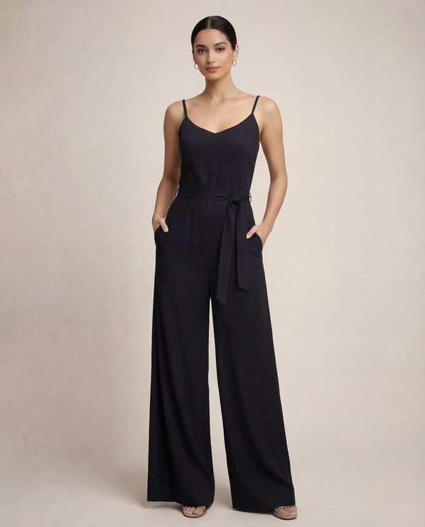 THE NALA TIE BELT WIDE LEG JUMPSUIT IN BLACK