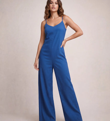 THE NALA TIE BELT WIDE LEG JUMPSUIT IN BLUE