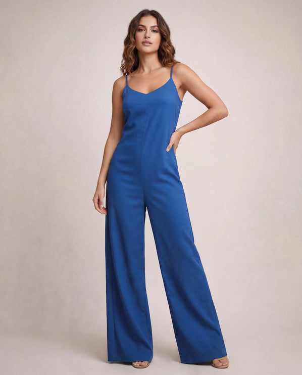 THE NALA TIE BELT WIDE LEG JUMPSUIT IN BLUE