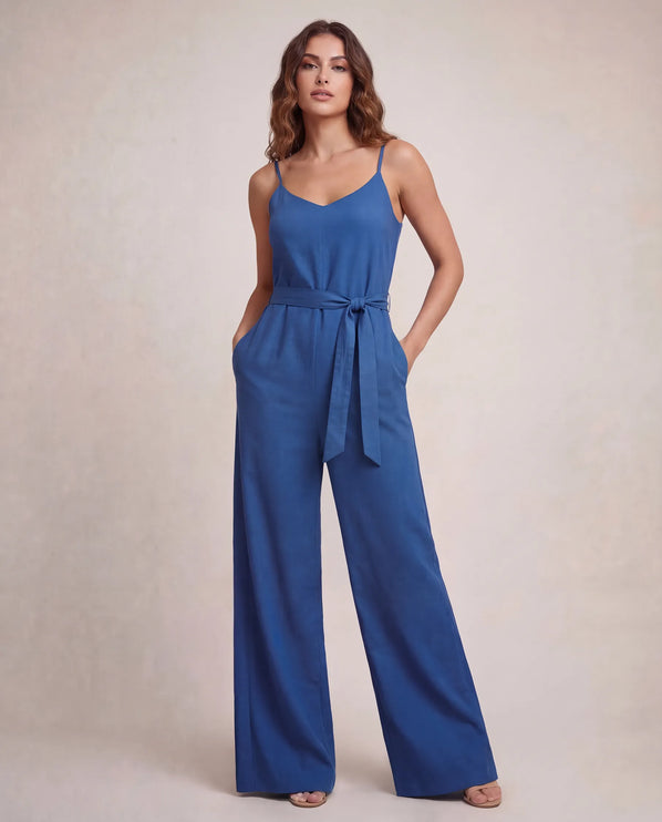 THE NALA TIE BELT WIDE LEG JUMPSUIT IN BLUE
