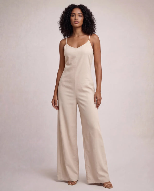 THE NALA TIE BELT WIDE LEG JUMPSUIT IN BEIGE