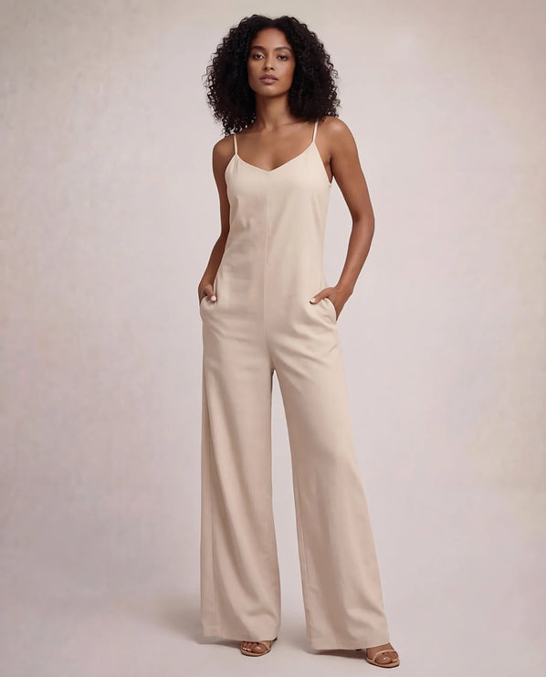 THE NALA TIE BELT WIDE LEG JUMPSUIT IN BEIGE