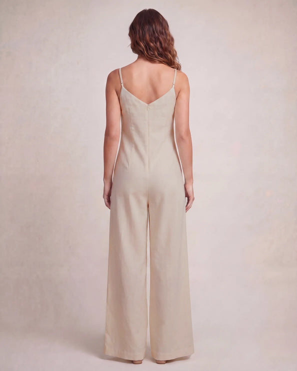 THE NALA TIE BELT WIDE LEG JUMPSUIT IN BEIGE