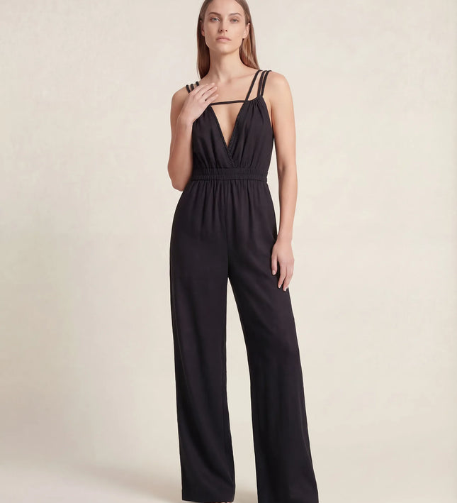 THE SORA LINEN BOHO ROPE STRAP JUMPSUIT IN BLACK