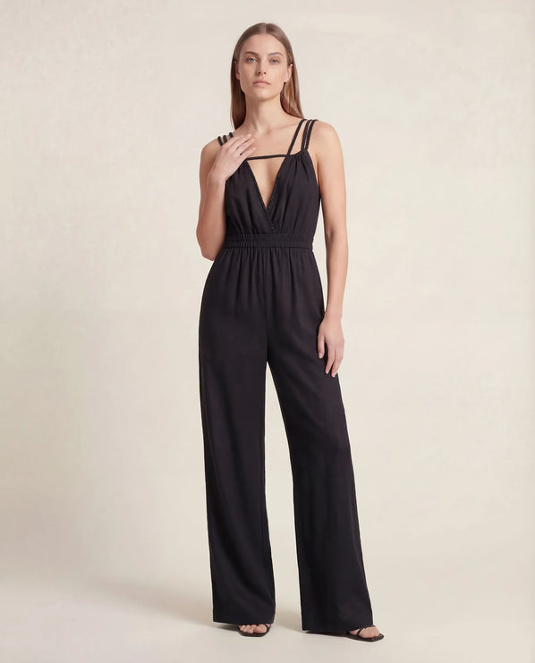THE SORA LINEN BOHO ROPE STRAP JUMPSUIT IN BLACK