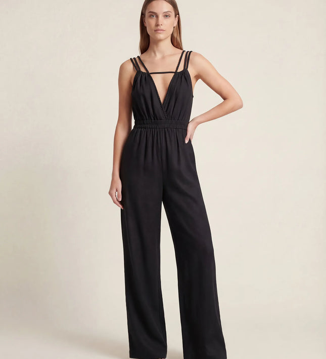 THE SORA LINEN BOHO ROPE STRAP JUMPSUIT IN BLACK