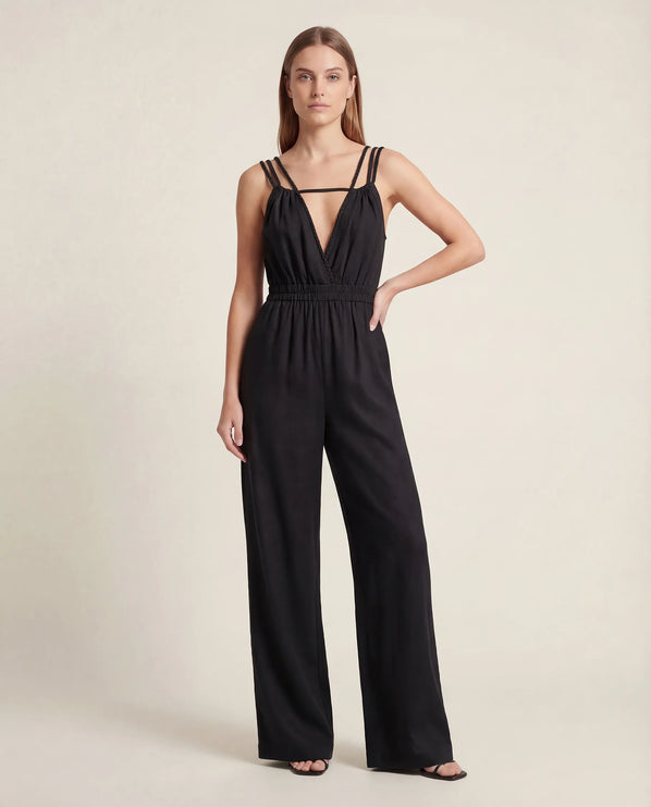 THE SORA LINEN BOHO ROPE STRAP JUMPSUIT IN BLACK