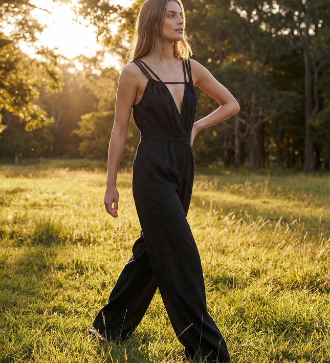 THE SORA LINEN BOHO ROPE STRAP JUMPSUIT IN BLACK
