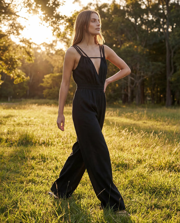 THE SORA LINEN BOHO ROPE STRAP JUMPSUIT IN BLACK