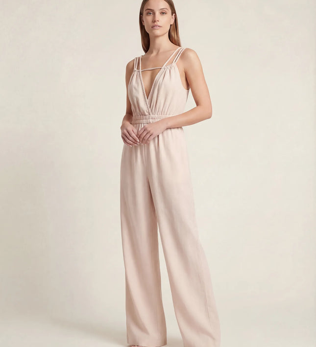 THE SORA LINEN BOHO ROPE STRAP JUMPSUIT IN BLUSH IVORY