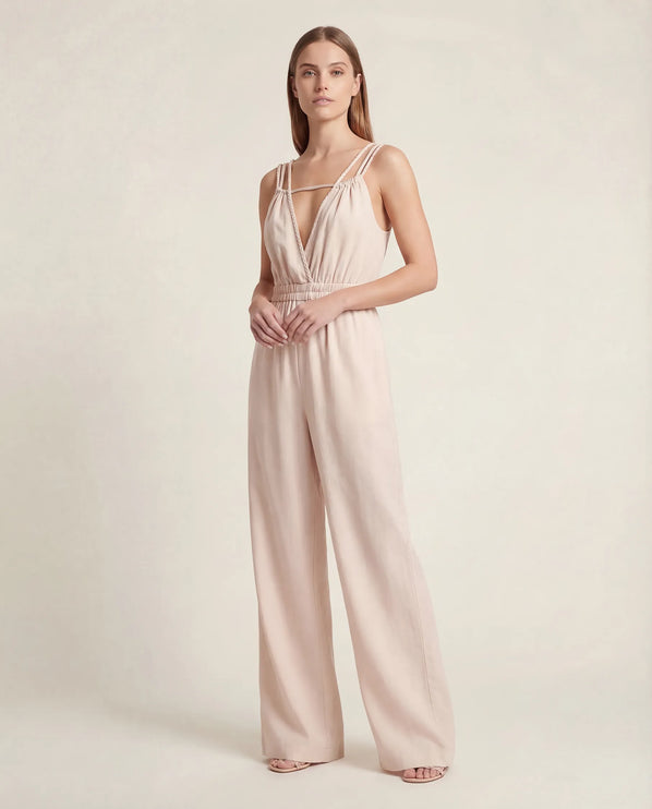 THE SORA LINEN BOHO ROPE STRAP JUMPSUIT IN BLUSH IVORY