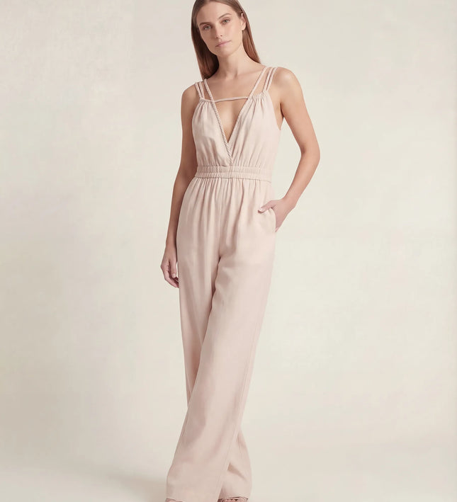 THE SORA LINEN BOHO ROPE STRAP JUMPSUIT IN BLUSH IVORY