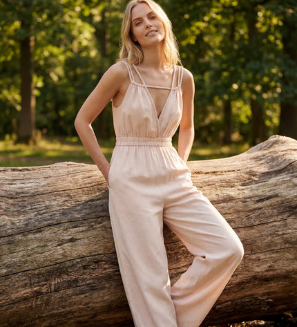 THE SORA LINEN BOHO ROPE STRAP JUMPSUIT IN BLUSH IVORY