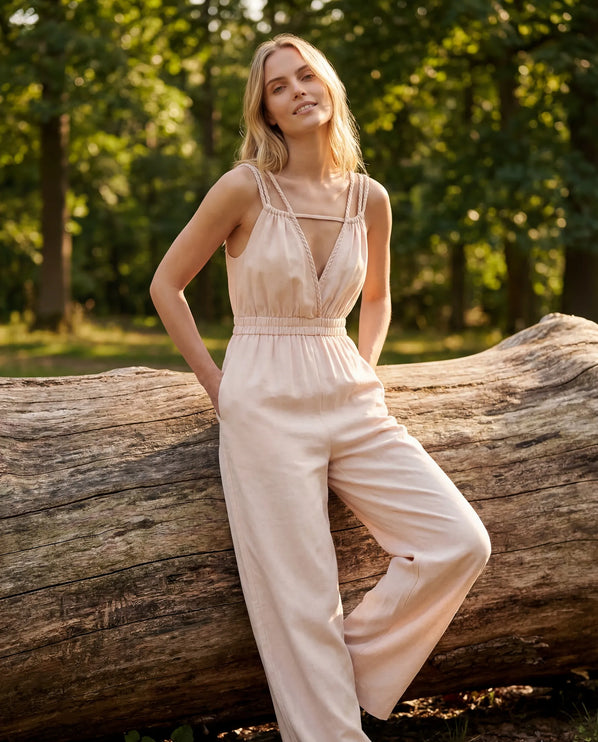 THE SORA LINEN BOHO ROPE STRAP JUMPSUIT IN BLUSH IVORY