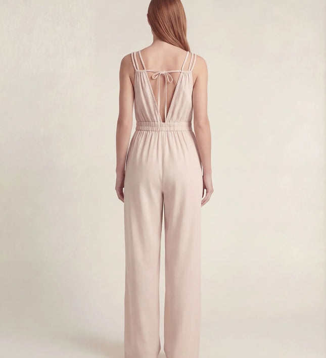 THE SORA LINEN BOHO ROPE STRAP JUMPSUIT IN BLUSH IVORY