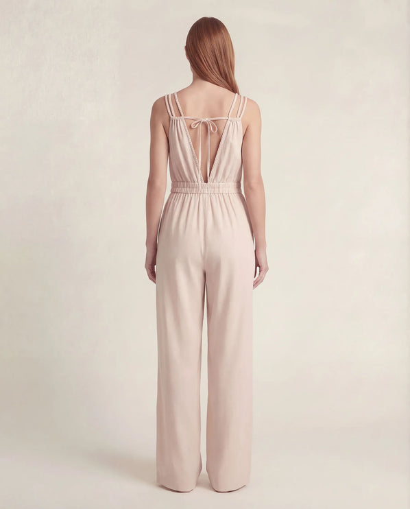 THE SORA LINEN BOHO ROPE STRAP JUMPSUIT IN BLUSH IVORY
