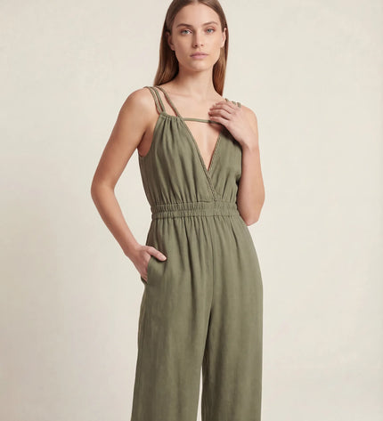 THE SORA LINEN BOHO ROPE STRAP JUMPSUIT IN KHAKI