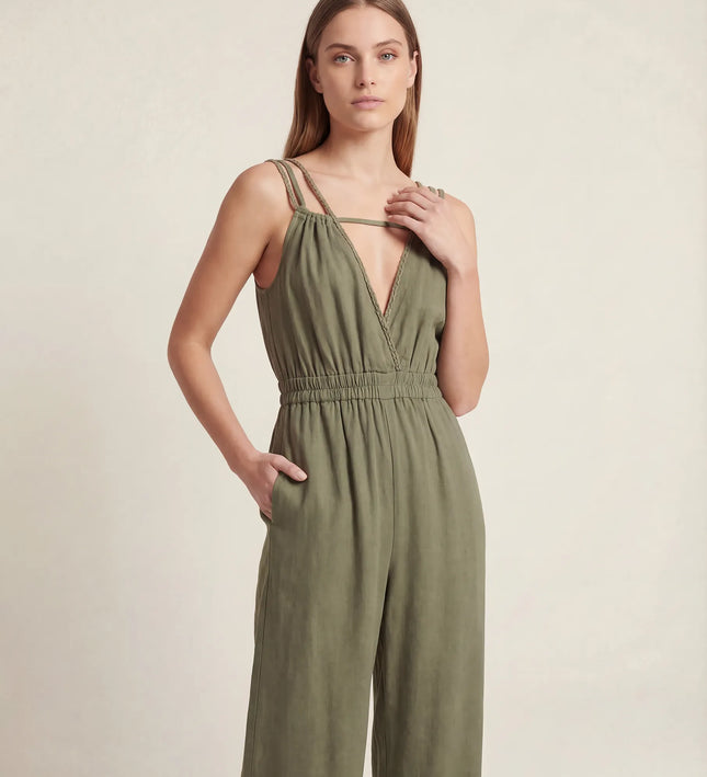 THE SORA LINEN BOHO ROPE STRAP JUMPSUIT IN KHAKI
