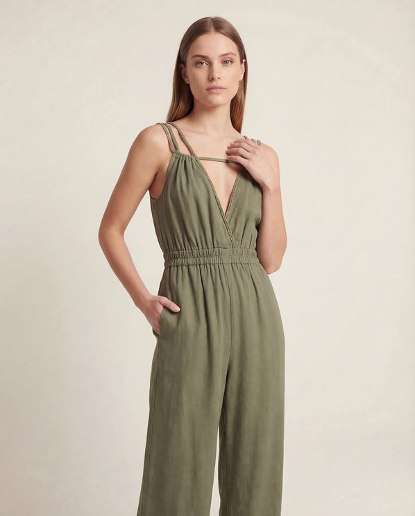 THE SORA LINEN BOHO ROPE STRAP JUMPSUIT IN KHAKI