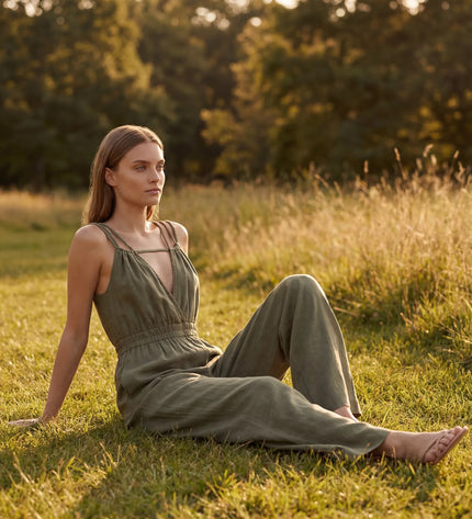 THE SORA LINEN BOHO ROPE STRAP JUMPSUIT IN KHAKI