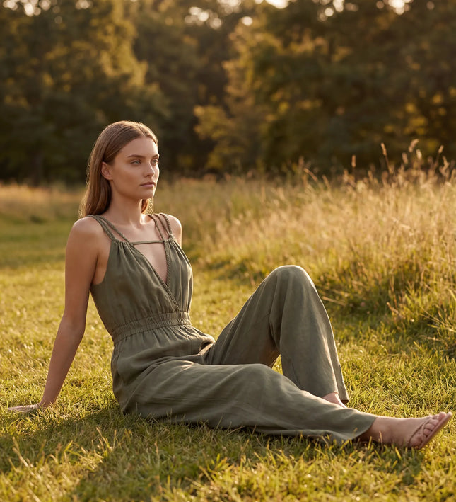 THE SORA LINEN BOHO ROPE STRAP JUMPSUIT IN KHAKI