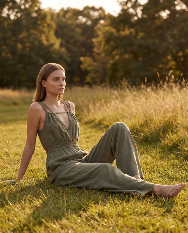 THE SORA LINEN BOHO ROPE STRAP JUMPSUIT IN KHAKI