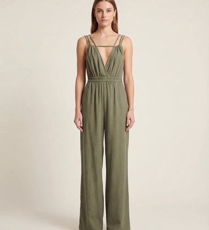 THE SORA LINEN BOHO ROPE STRAP JUMPSUIT IN KHAKI