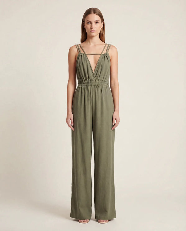THE SORA LINEN BOHO ROPE STRAP JUMPSUIT IN KHAKI
